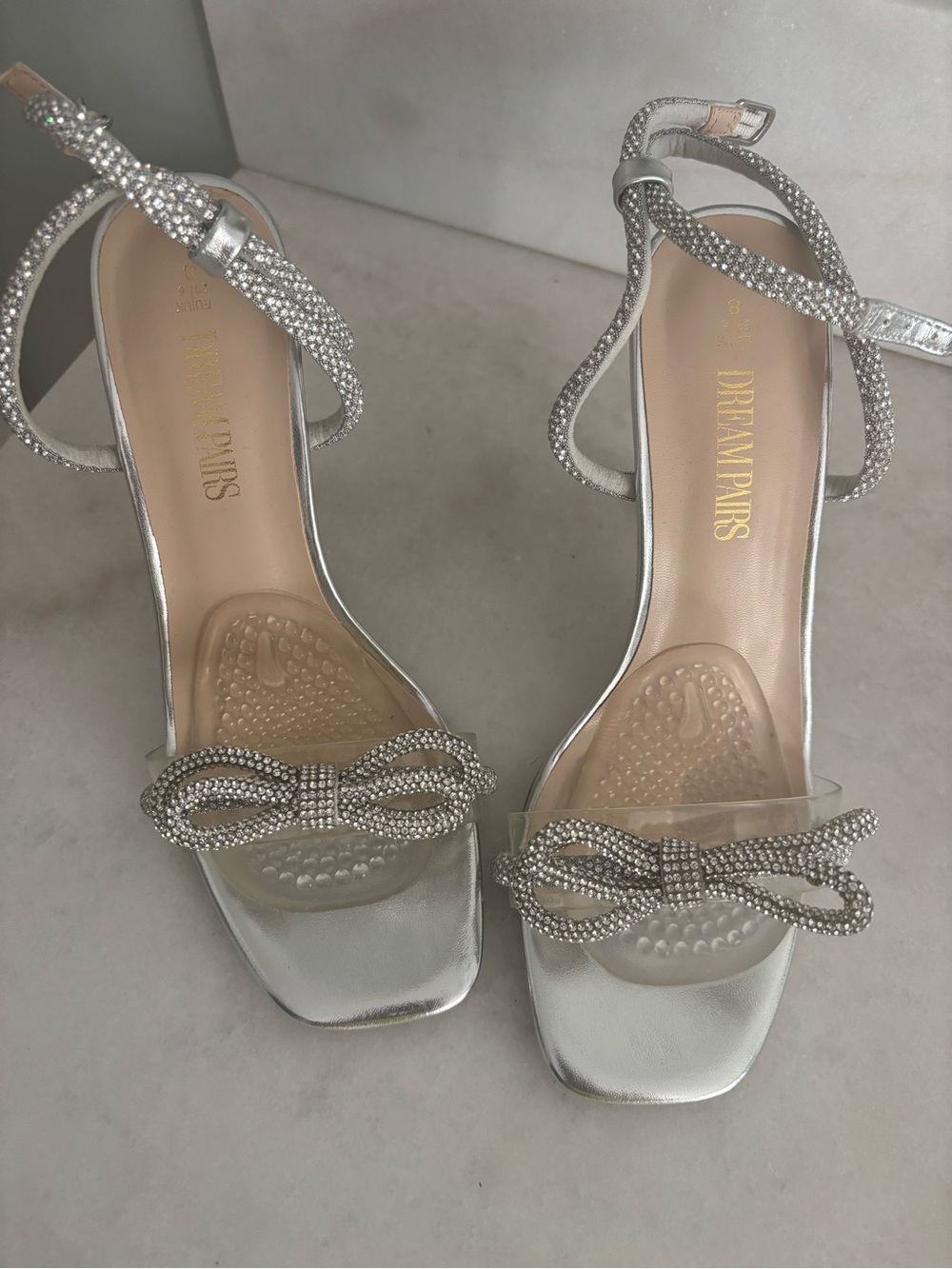 Dream Pairs Silver Crystal Bow Ankle-Strap Heels